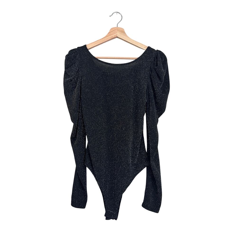 Shimmer Stretch Boutique Black Puff Sleeve Bodysuit